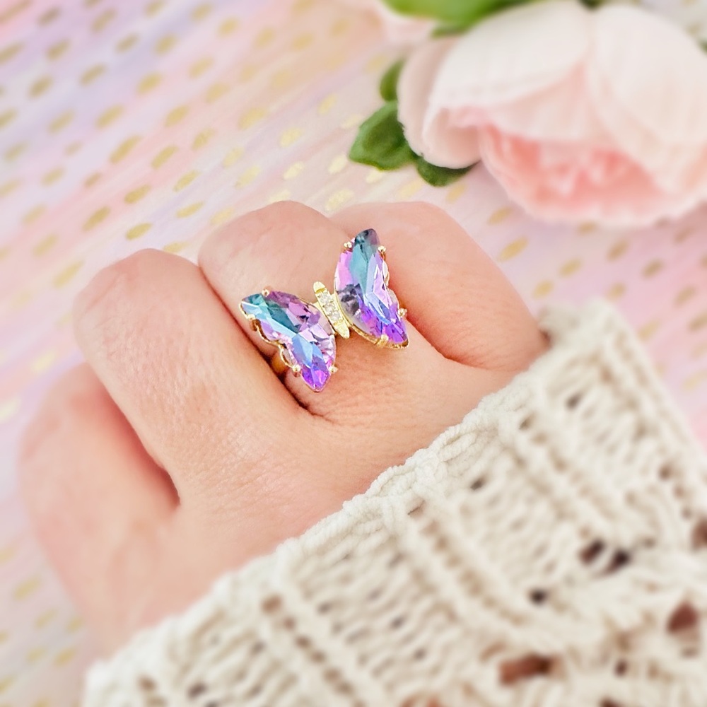 Purple Crystal Glass Butterfly Adjustable Ring 🦋